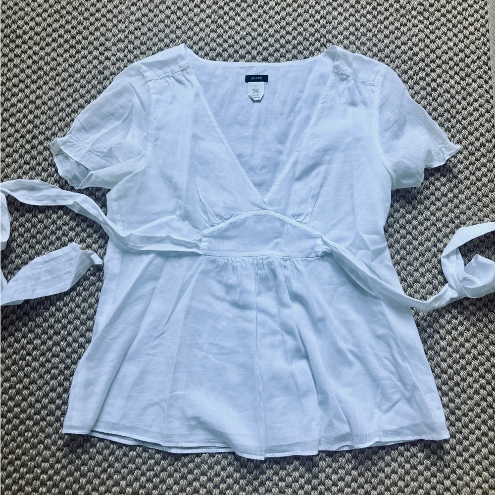 J. Crew White V-Neck Tie-Waist Flowy Blouse